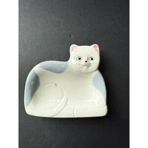 Vintage Ceramic Cat Trinket Dish Porcelain Hand Painted Cottagecore Farmhouse